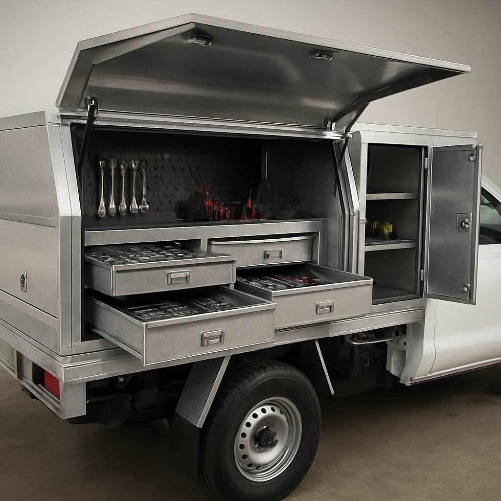 Custom aluminium service canopy and toolbox on a ute