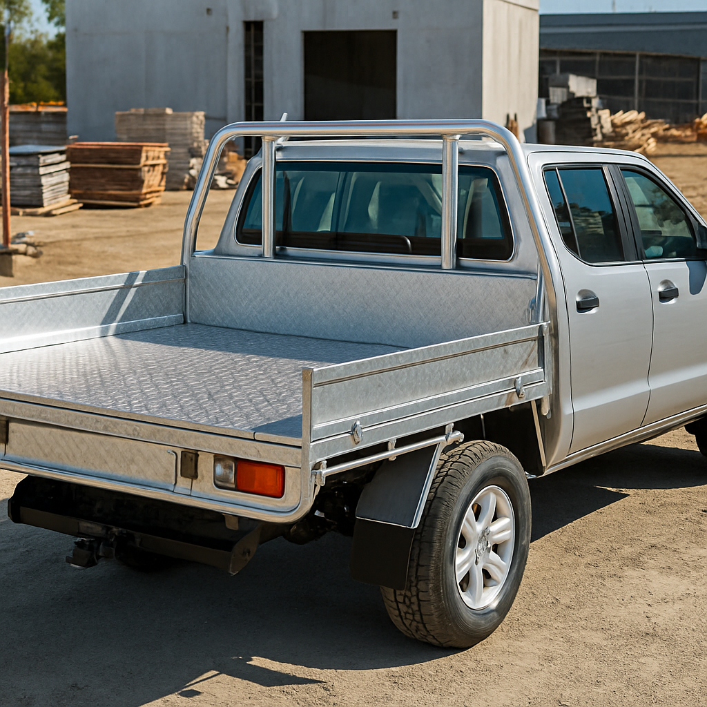 Aluminium ute flatbed tray body on a dual-cab utility vehicle